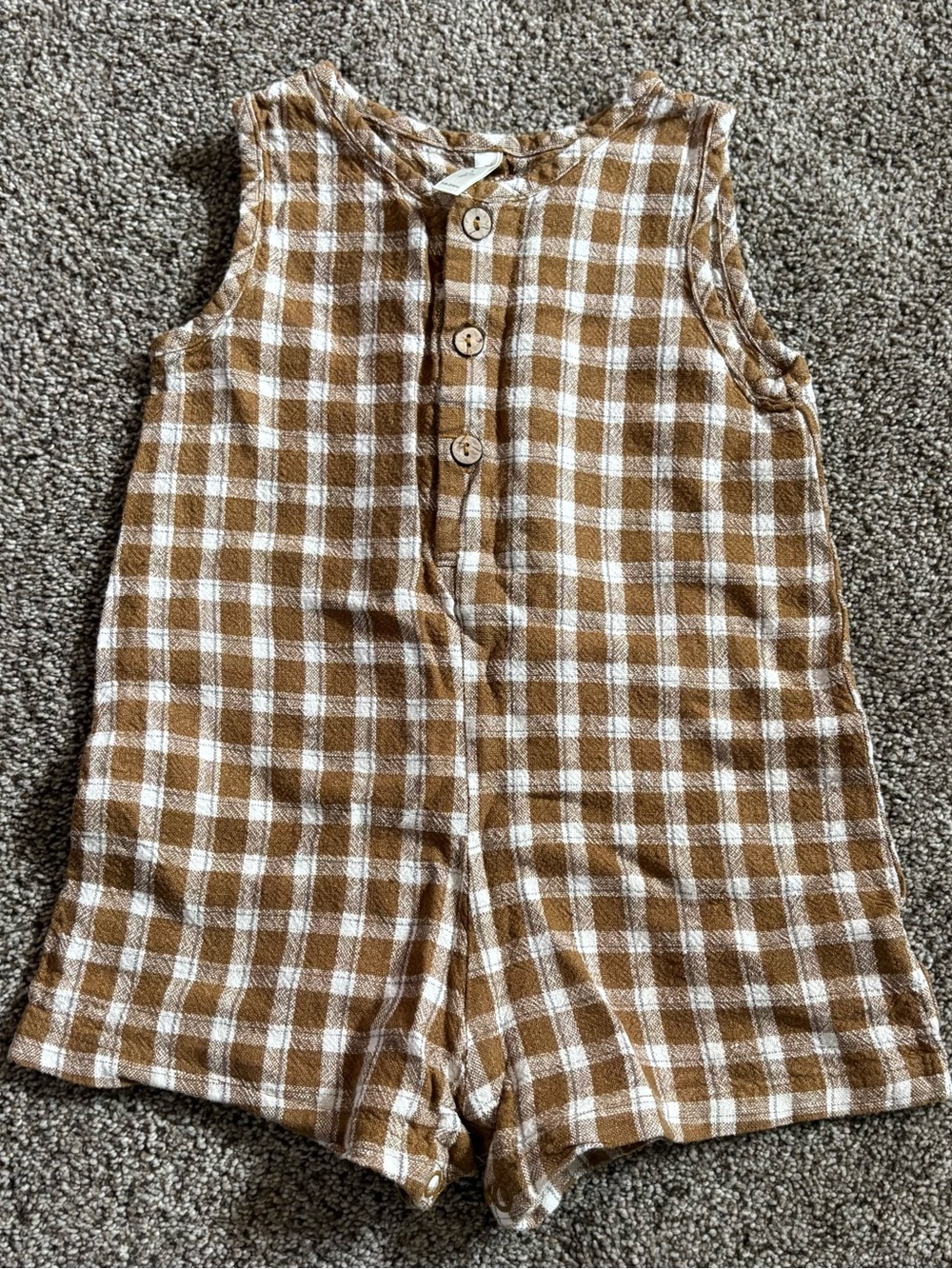 Rylee + Cru Brown and White Gingham Button Romper
